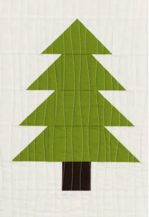 A minimalist illustration of a green pine tree with a brown trunk on a white background, featuring straight, geometric lines.