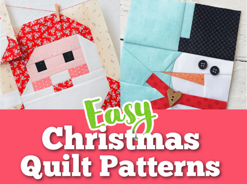 Two colorful Christmas quilt blocks, one with a Santa face in a red hat and another with a snowman in a red scarf, appear above the text "Easy Christmas Quilt Patterns." Perfect inspiration for festive Christmas quilt blocks!.