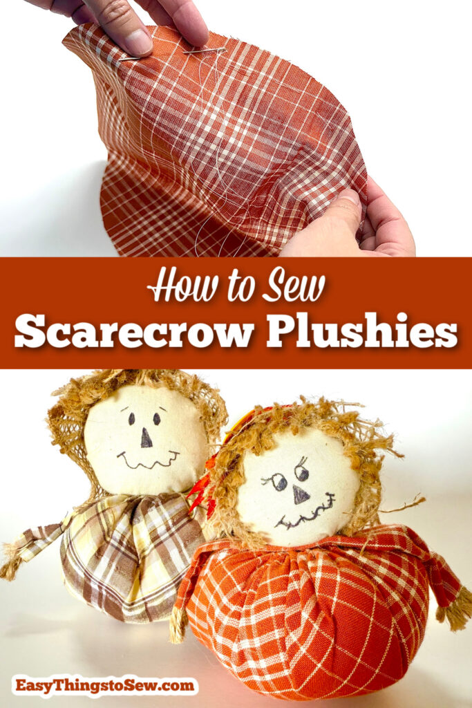 A hand holds a piece of plaid fabric above two handmade scarecrow plushies, crafted from similar plaid fabric with drawn faces and straw hair. Text: "How to Sew Scarecrow Plushies." Perfect for creating adorable scarecrows at home!.