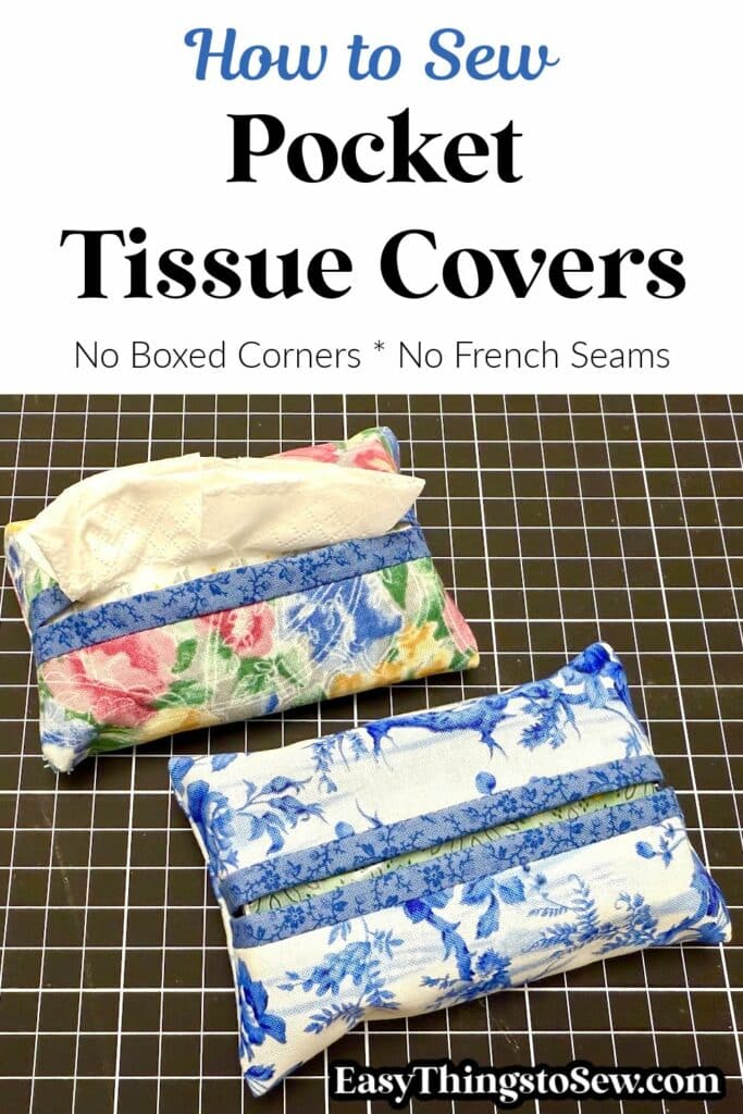 Two fabric tissue holders with different floral patterns are displayed on a black grid background, accompanied by text instructions for sewing them.