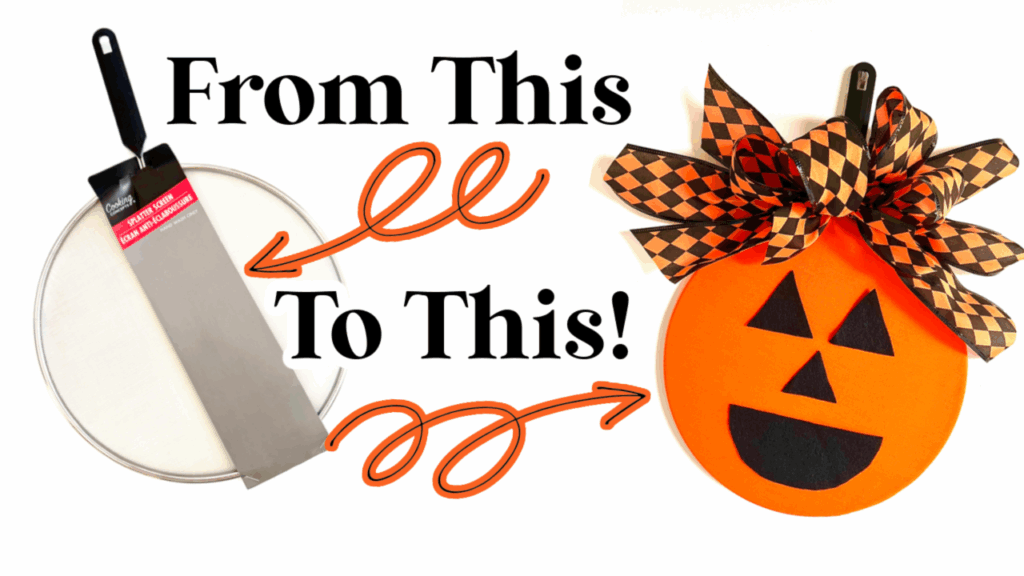 A metal pizza pan and spatula on the left, transformed into an orange pumpkin Halloween wreath decoration with a bow on the right, with "From This To This!" text in the center.