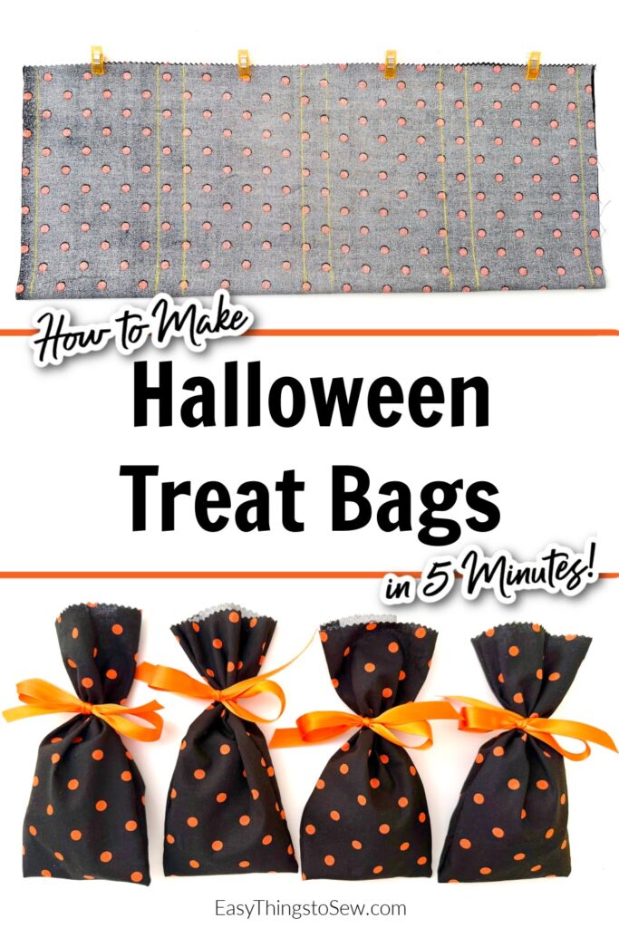 A step-by-step guide for making DIY Halloween treat bags with black fabric and orange polka dots, tied with orange ribbon. Four finished bags are shown at the bottom.