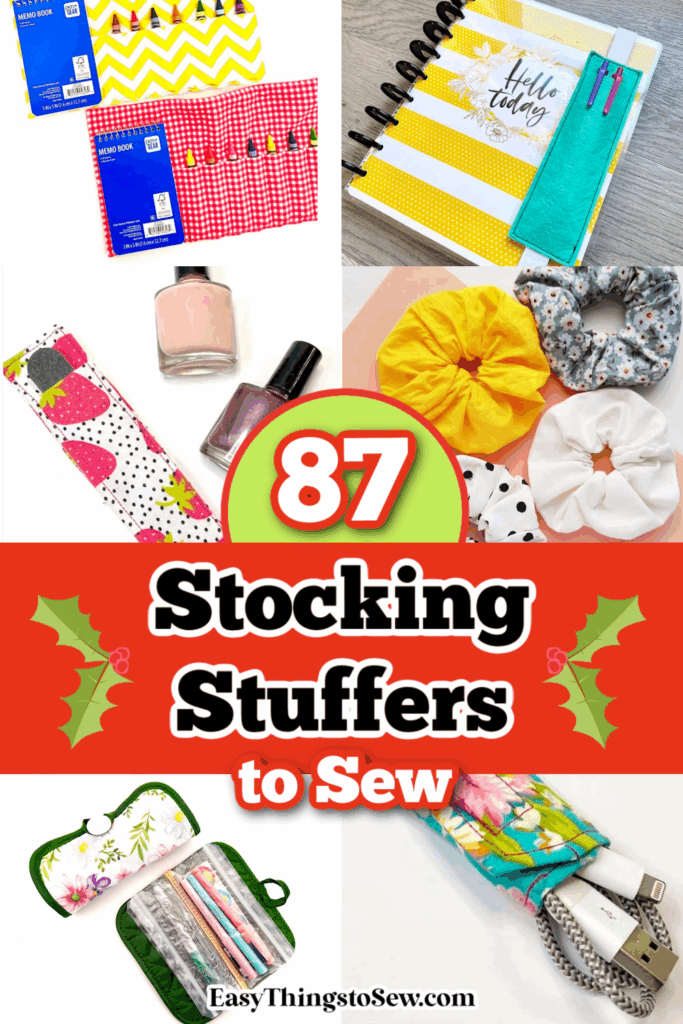 A collage featuring handmade items like scrunchies, bookmarks, planners, and pouches with text: "87 Stocking Stuffers to Sew"