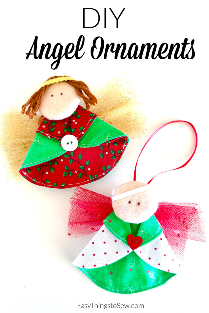Two handmade fabric angel ornaments, one with a straw halo and the other with a red ribbon loop, are shown with decorated wings and stitched details.
