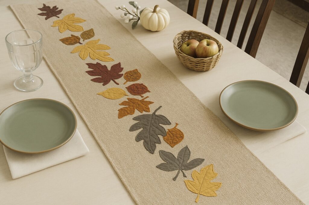 A beige table runner with colorful autumn leaf designs decorates a dining table set with green plates, a basket of apples, a glass, and a small white pumpkin.