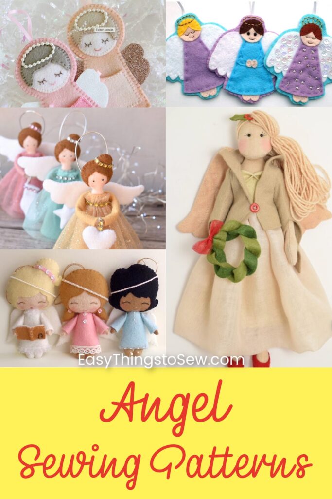 A collage of handmade angel dolls and ornaments crafted from fabric and felt, featuring the text "Angel Sewing Patterns" at the bottom, showcases a delightful variety of angel patterns.