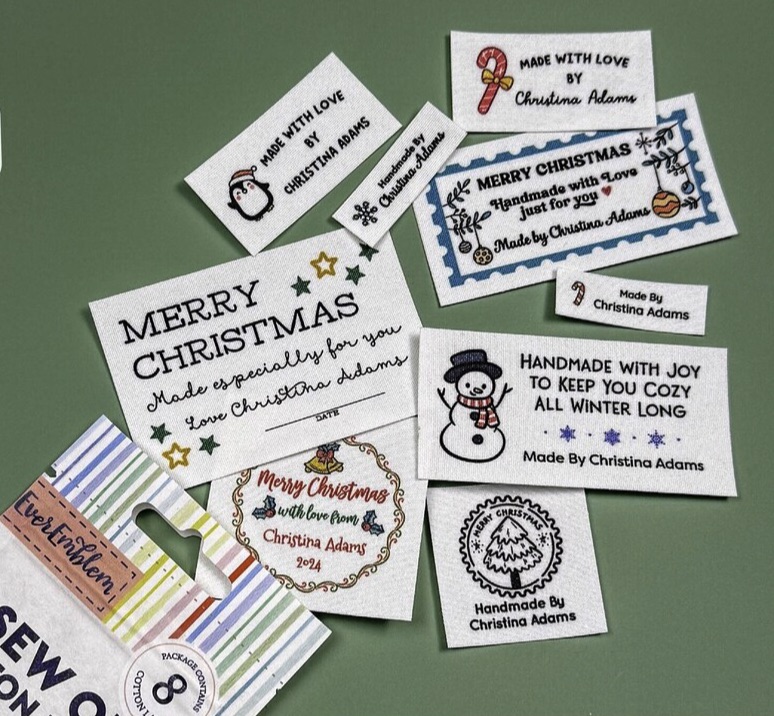 a selection of personalized holiday sewing labels is displayed on a green background