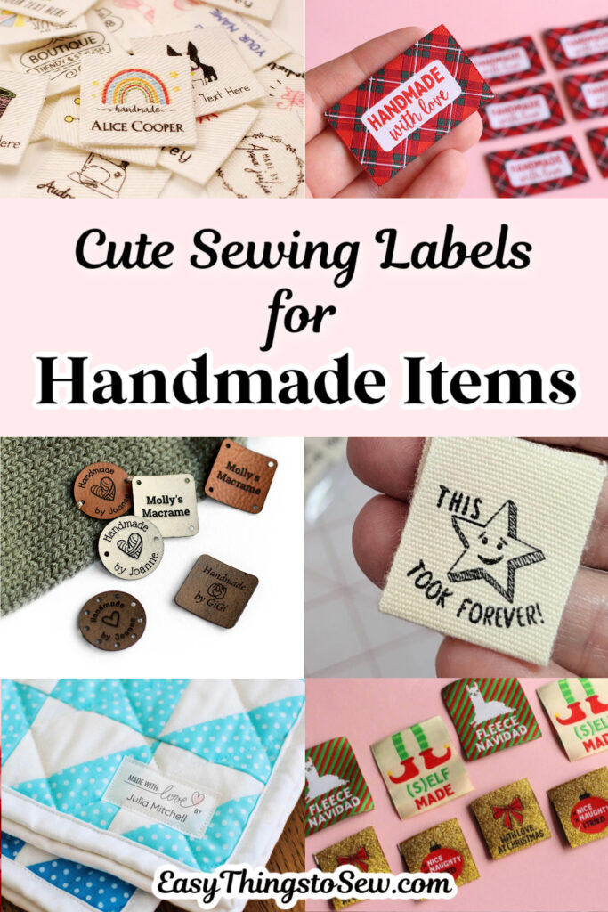A vibrant collage of sewing labels for handmade items, showcasing diverse designs, colors, and text styles.