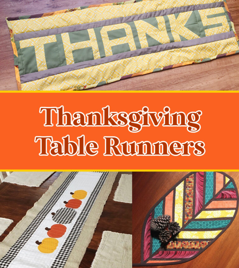 Collage featuring three Thanksgiving table runners with unique designs, showcasing the text "Thanksgiving Table Runners" in the center.