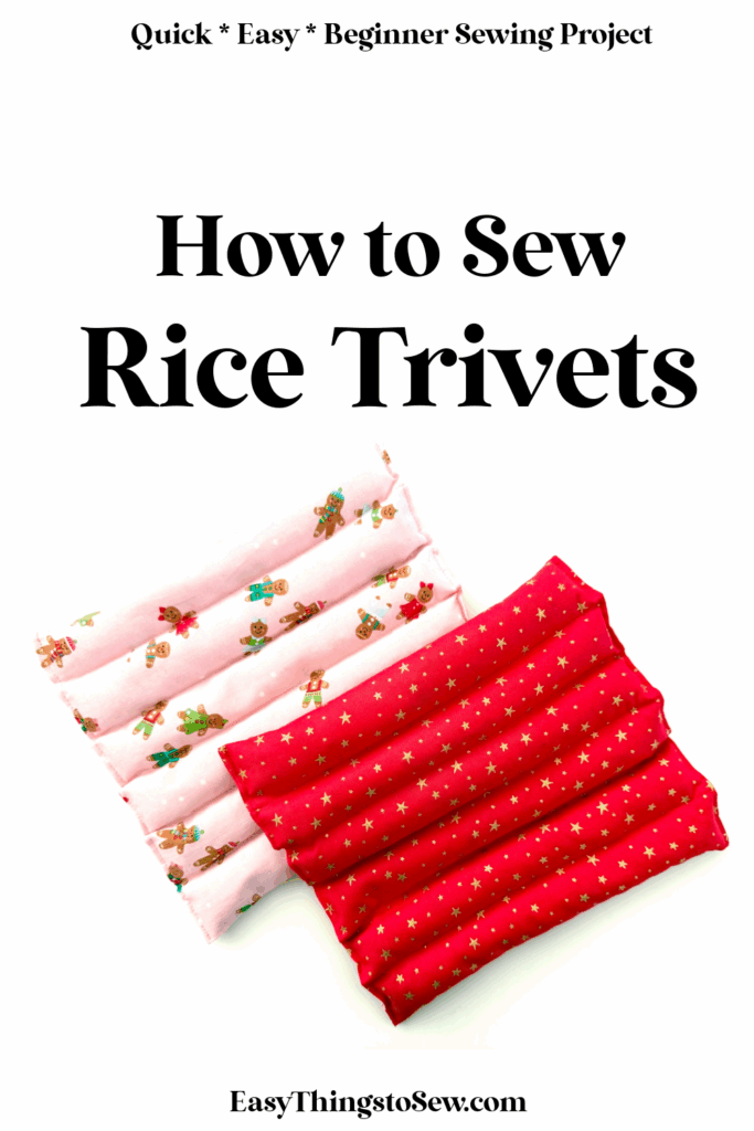 Two handmade rice trivets, one pink with gingerbread men and one red with gold stars, displayed under text about a beginner sewing project.