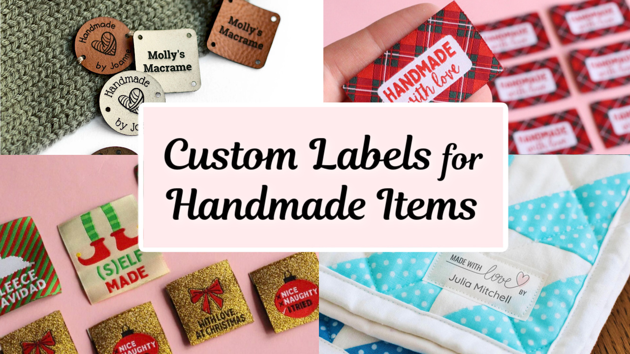 variety of custom sewing labels for handmade items displayed on pink and white backgrounds, with the text "Custom Labels for Handmade Items"