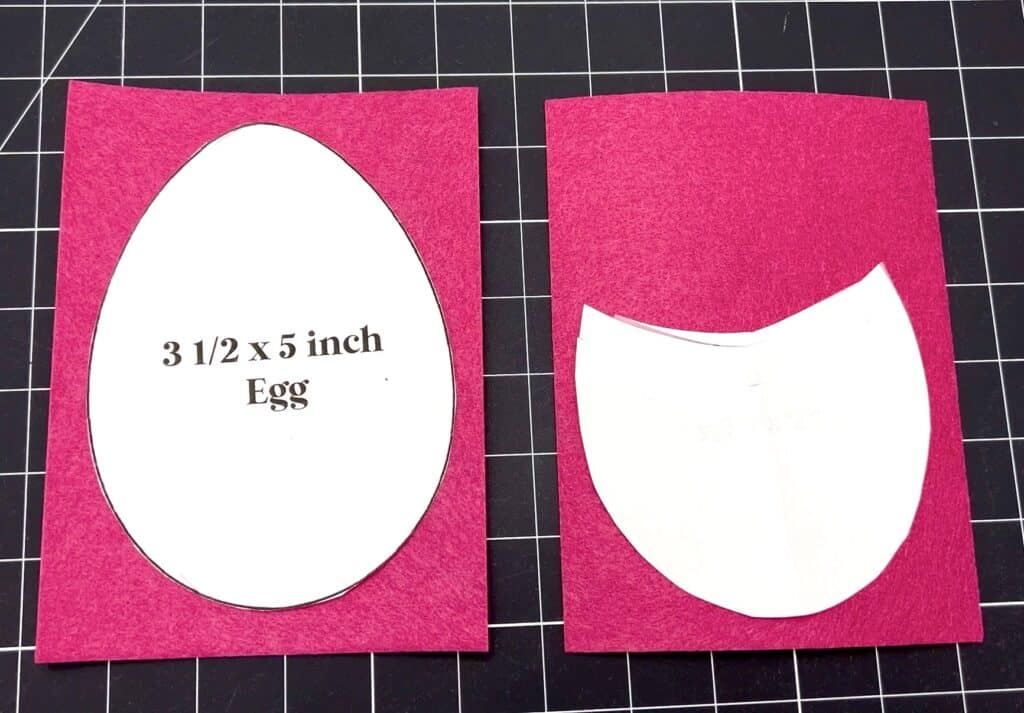 Two pieces of red paper with white templates on a black grid; the left shows a whole egg shape labeled "3 ½ x 5 inch Egg," while the right shows a partial egg shape—perfect for crafting seed packet covers.