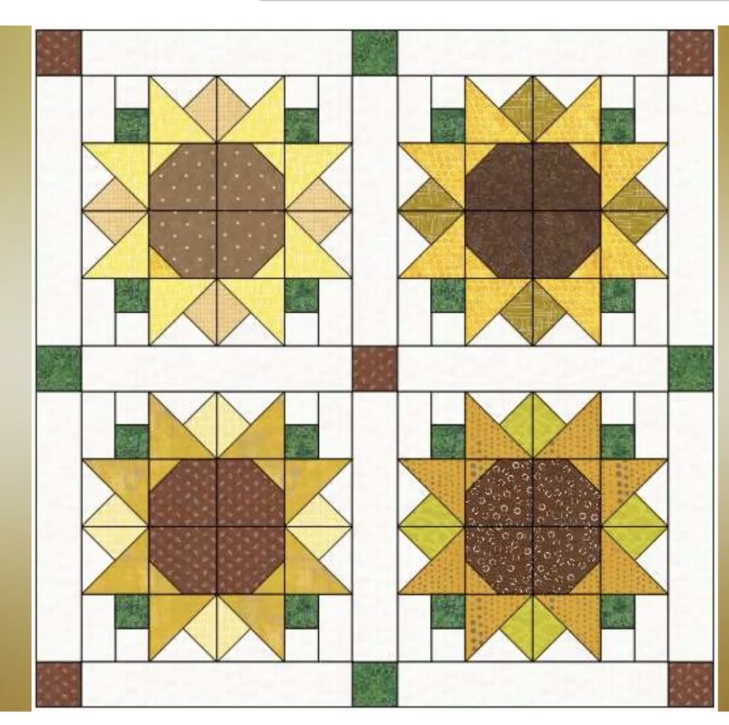 Quilt pattern with four square sunflower blocks, each featuring yellow and brown petals, set within a grid of white, green, and brown sashing.