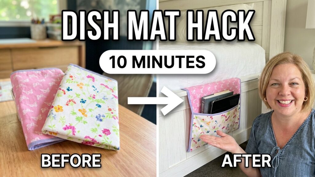 Before: Two folded dish mats on a table. After: A woman points to the dish mats repurposed as a diy bedside caddy attached to a bed frame, holding a tablet and books.
