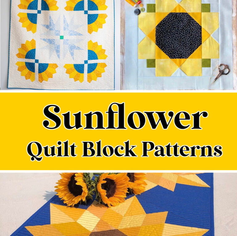 Three different sunflower-themed quilt block patterns are displayed, each featuring yellow and blue fabrics with sunflower designs, alongside the text "Sunflower Quilt Block Patterns.