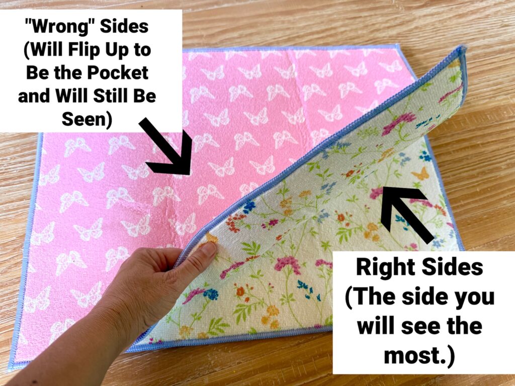 A hand holds a fabric piece showing the floral right side and pink butterfly "wrong" side, with labeled arrows indicating each side's purpose for sewing.