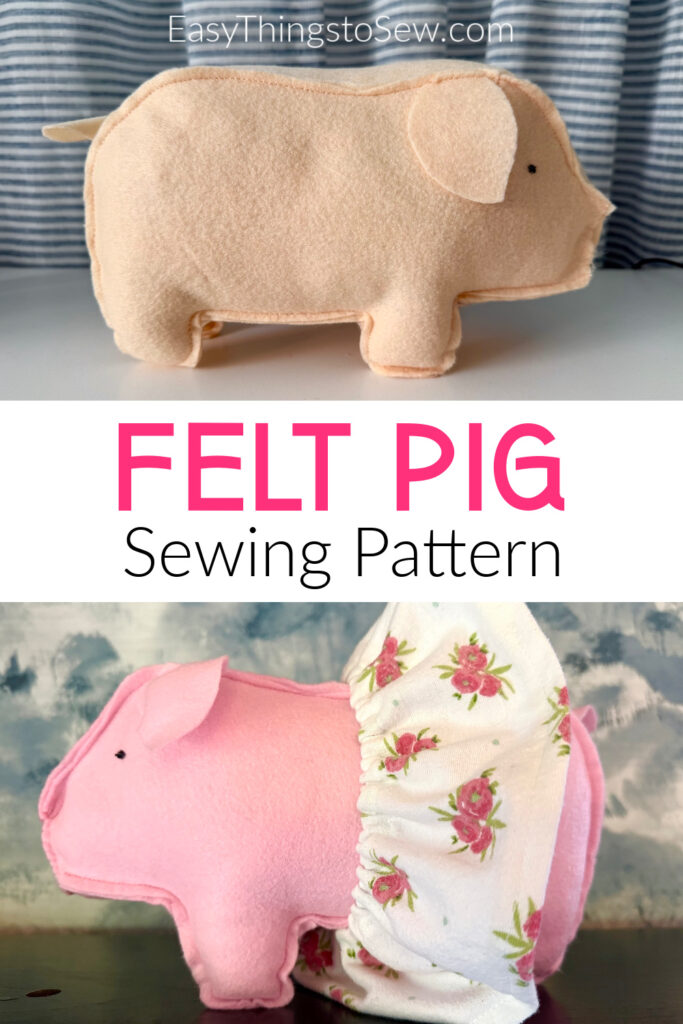 Two handmade felt pig plush toys, one beige and one pink with floral fabric, shown as examples for a sewing pattern tutorial.