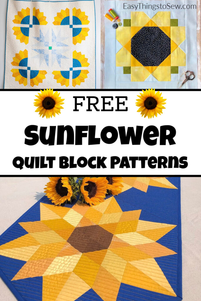 Three quilt blocks featuring sunflower patterns in yellow and brown fabrics are shown, arranged above and below bold text that reads "Free Sunflower Quilt Block Patterns.
