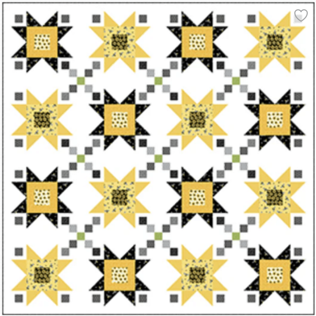 A quilt pattern with a grid of yellow and black star blocks, each surrounded by small square accents on a white background.