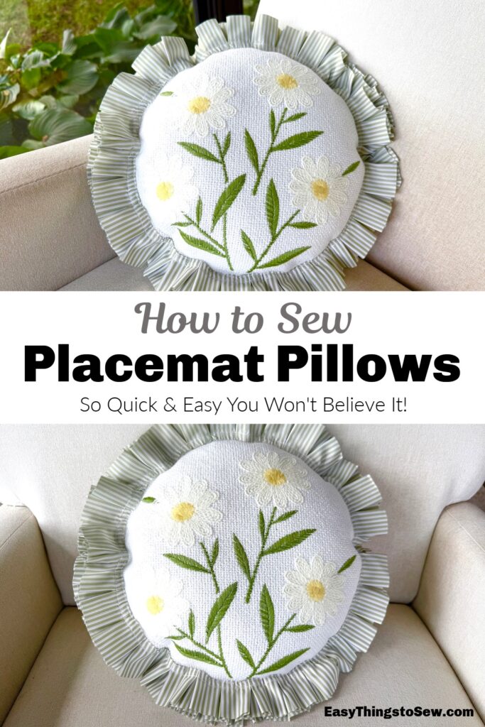 two images of a pillow made from two daisy placemats with green and white striped ruffle edge with the text "how to sew placemat pillows so quick and easy you won't believe it!"