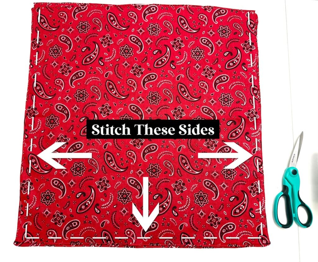 A red paisley fabric square is labeled “Stitch These Sides” with arrows indicating three sides to sew; scissors are placed to the right.