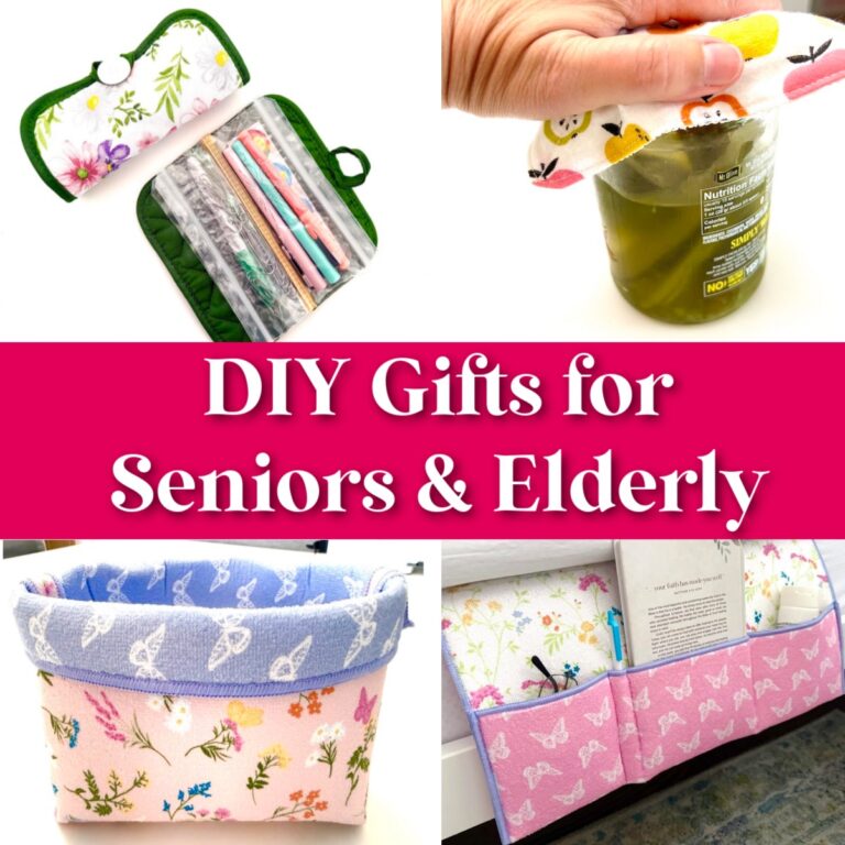 Collage showing DIY gift projects including a purse organizer, a fabric jar opener, a fabric storage basket, and a bedside caddy with text reading “DIY Gifts for Seniors & Elderly.”